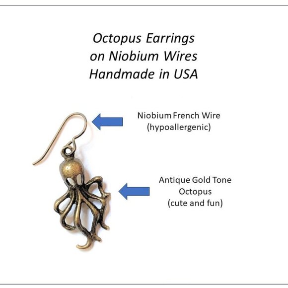 Octopus Earrings Gold Hypoallergenic Niobium Wires Handmade in USA - Picture 2 of 5